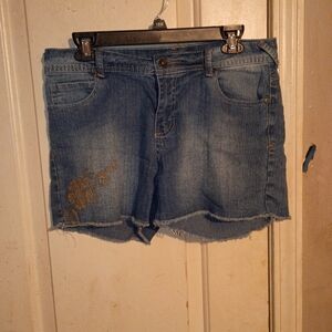 Denim Cutoff Shorts with Embroidered Detail - Blue